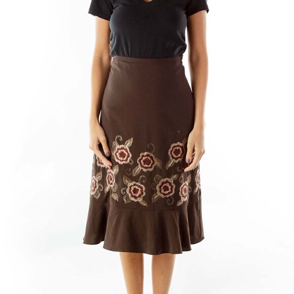 LOFT Brown Embroidered Flared Skirt - Picture 1 of 3